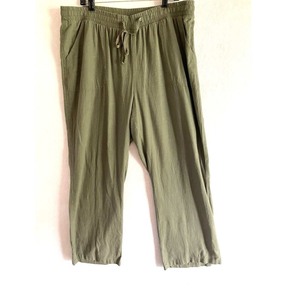 Cato Army Green Linen Blend Elastic Waist Wide Leg pant 18/20W Beach Hippie Boho